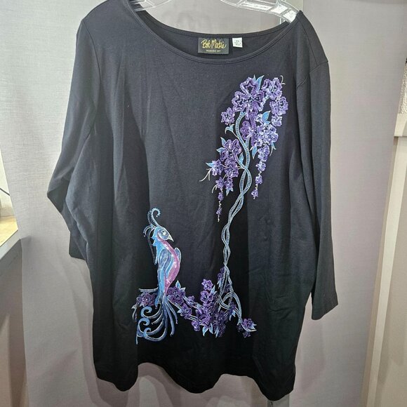 Bob Mackie Top Blouse 2X Wearable Art Peacock Bird Bling Sequined 3/4 Sleeves - Picture 5 of 12